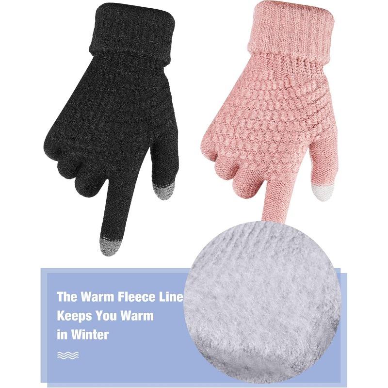2 пары женских зимних перчаток для сенсорных экранов, теплые трикотажные перчатки с флисовой подкладкой, эластичные манжеты, зимние перчатки для отправки текстовых сообщений