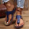Women's Flip Flop Sandals, Round Toe Cut-Out Design Metal Buckle Wedge Heel, Solid Color Outdoor Comfort Slides for Women