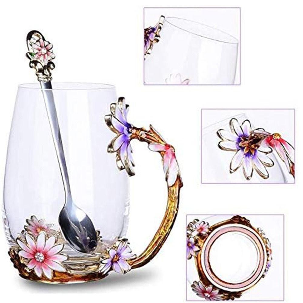 Элегантный набор чашки и блюдца для чая Эмалированный цветок Прозрачная стеклянная чайная чашка Набор чайных чашек с причудливым цветком Женщины