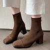 Fashion French Square Toe Stretch Suede Versatile High Heel Boots Plus Size Booties Women's Spring and Autumn Single Boots