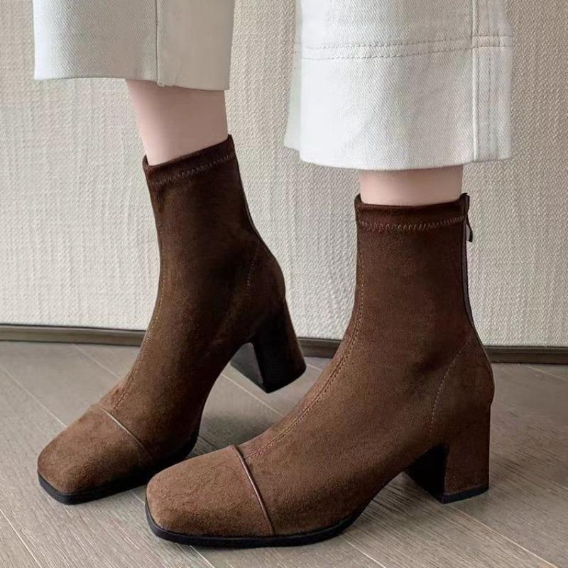 Fashion French Square Toe Stretch Suede Versatile High Heel Boots Plus Size Booties Women's Spring and Autumn Single Boots