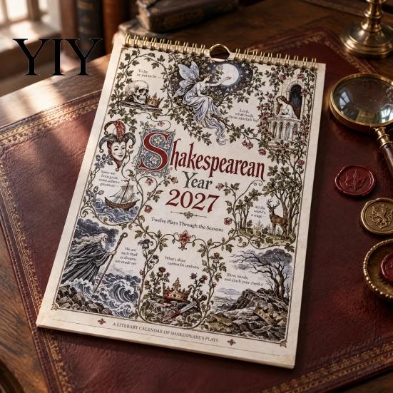 Academic Study Room Wall Decor 2027 Calendar, Vintage Illustrated Hanging Calendar with 12 Plays Through, Romance Gift for Literature Lovers Literary