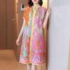 Pleated Slim Summer And Spring Dress Female Casual Loose Women Fashion Print Short Sleeve Stand Collar Dress Female Tops
