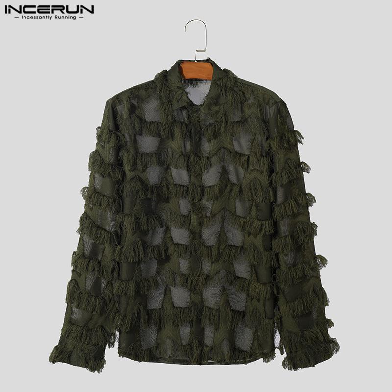 INCERUN Мужские рубашки с длинным рукавом и кисточками в стиле пэчворк с прозрачной сеткой