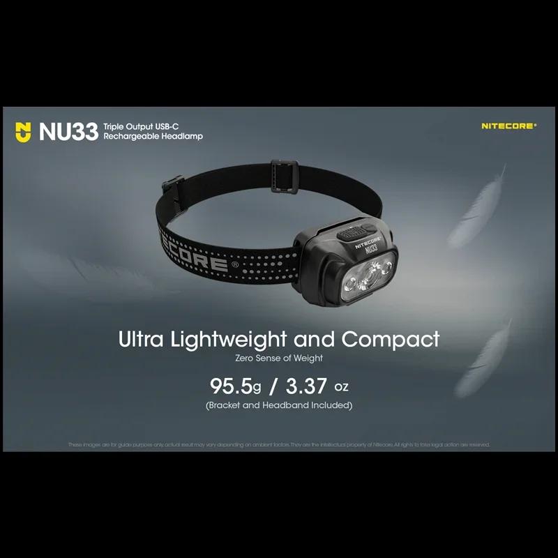 NITECORE NU33 Встроенный литий-ионный аккумулятор Алюминиевый металлический корпус Перезаряжаемый через USB-C Налобный фонарь 700 лм Светодиод с высоким индексом цветопередачи Тройной выход