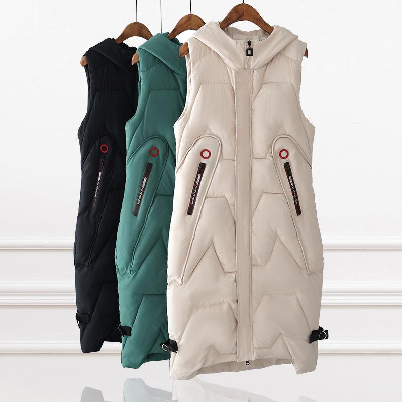Autumn and Winter Down Cotton Vest Long Over The Knee Cotton Hooded Vest Sleeveless Thermal Vest with Camisole for Women