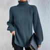 Autumn/Winter Soft Knitwear Fashion Raglan Long Sleeve Turtleneck Split Sweater Casual Warm Solid Mid-length Pullover 29572