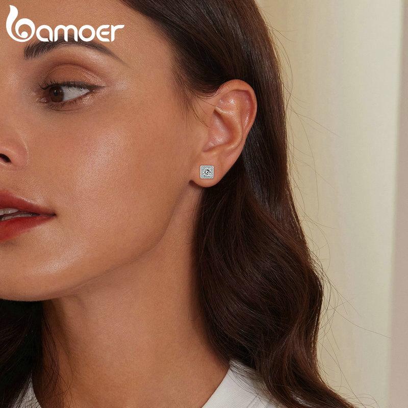 BAMOER Platinum Plated Halo CZ Stud Earrings 925 Sterling Silver Hypoallergenic Classic Elegant Earrings Fashion Jewellry