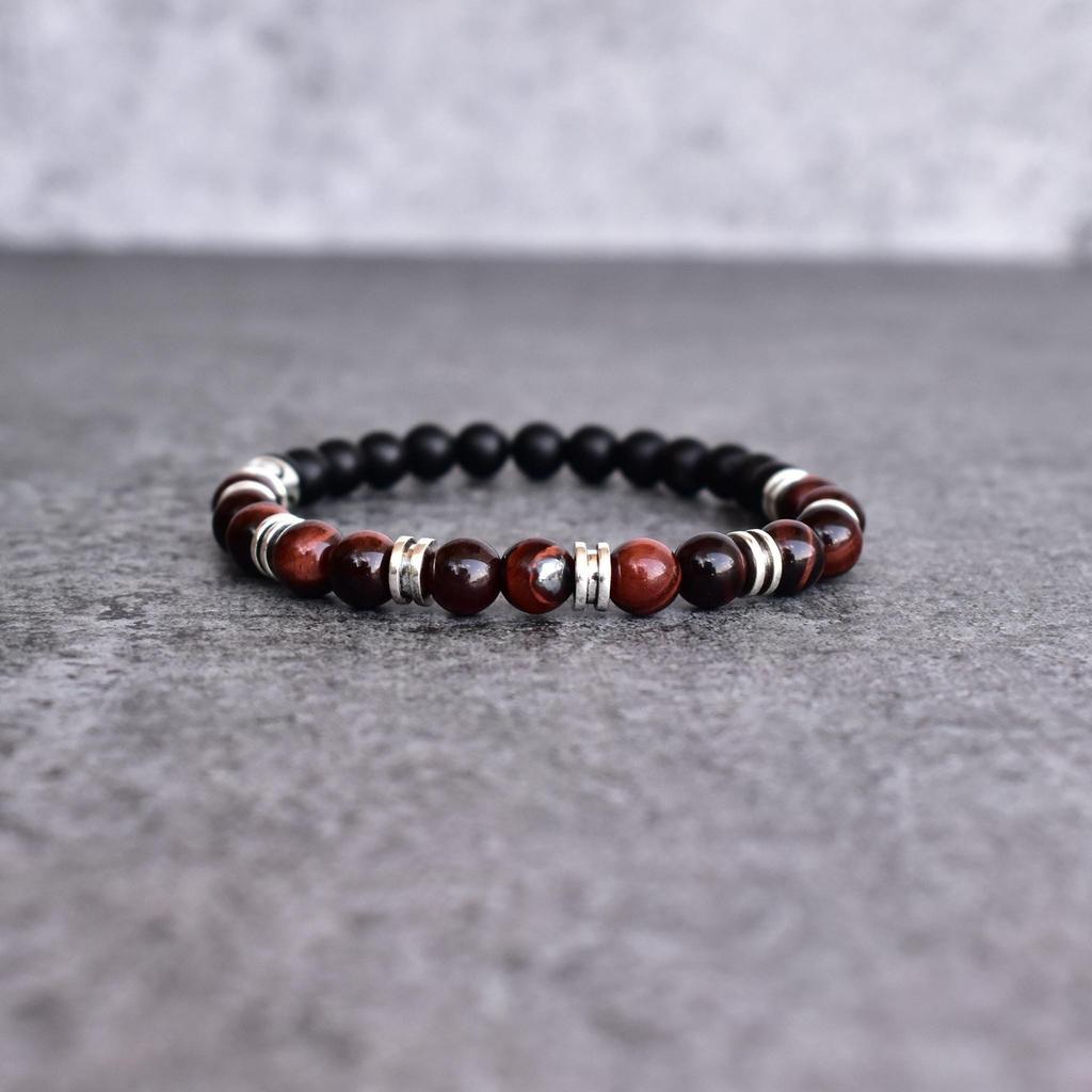 Genuine Red tiger's eye and matte onyx beaded bracelet Stretchable beaded bracelet for men Two gemstones jewelry for him gift for him