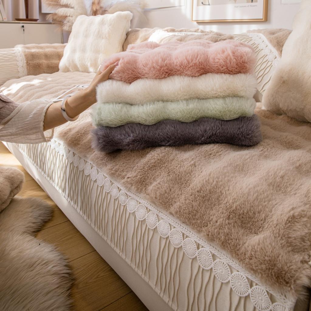 Velvet Hem Decor Thicken Imitation Rabbit Fur Plush Sofa Slipcover Non-slip Sofa Towel Couch Cushion Cover for Living Room
