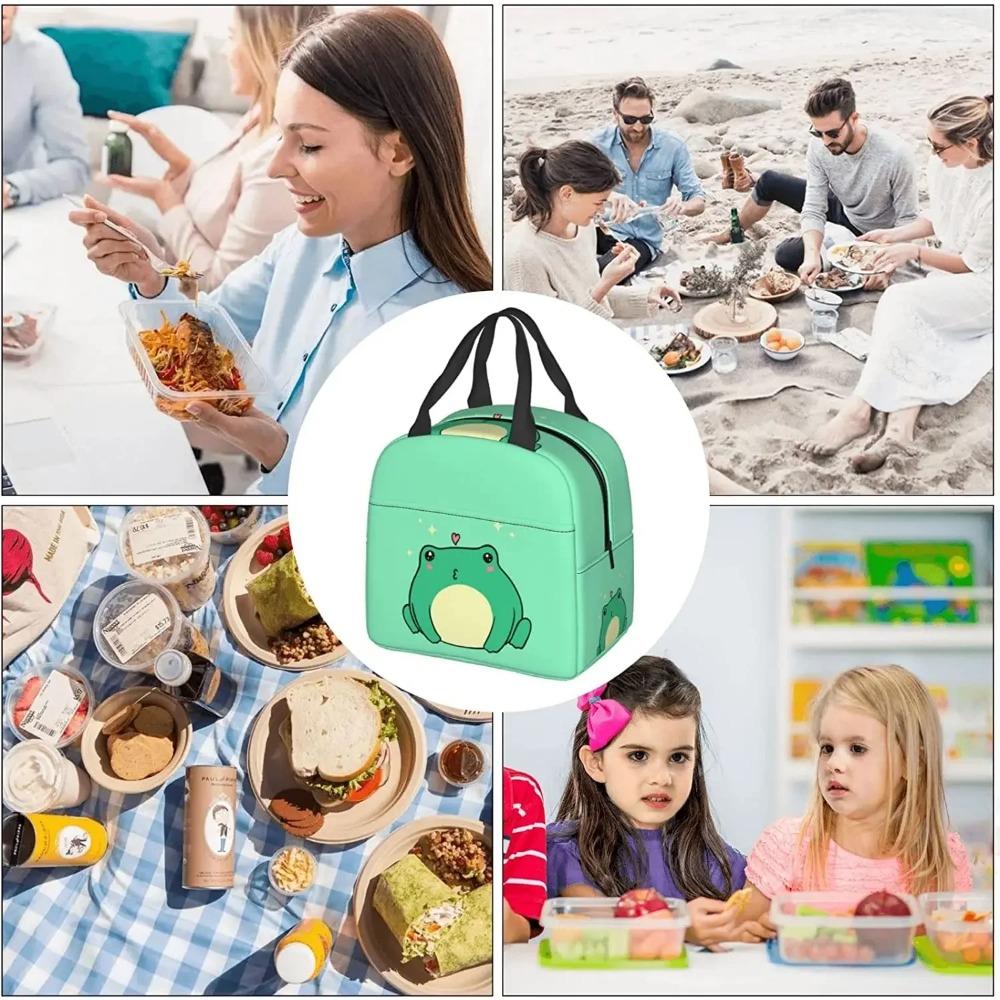 Kawaii Green Frog Lunch Bento Bag Insulated Lunch Box Reusable Waterproof Lunch Bag with Front Pocket for Travel Office Picnic