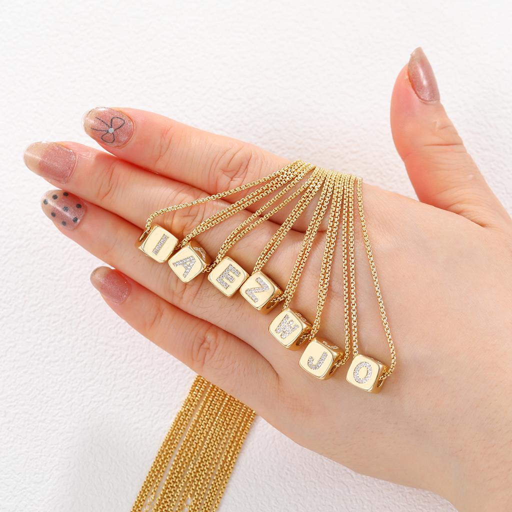 Chic Mini Cube Alphabet Letter Necklace Personality Stylish Zircon Initial Stainless Steel 18K Gold Plated Clavicle Chain Choker