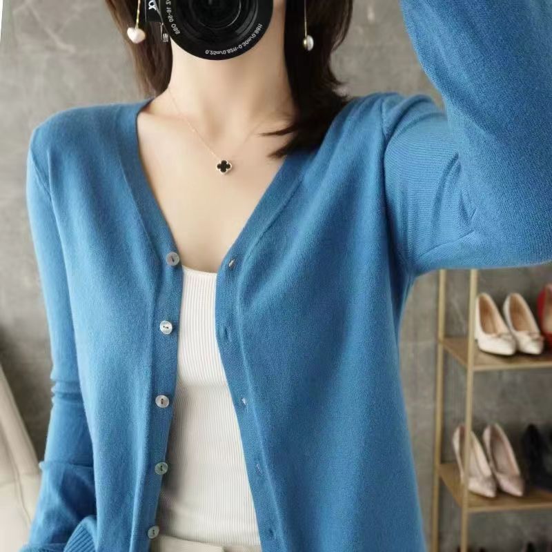 Women's V-Neck Knitted Cardigan Loose Slim Plus Size Sweater All-match Jacket Solid Color Basic Small Cardigans for Spring Autumn