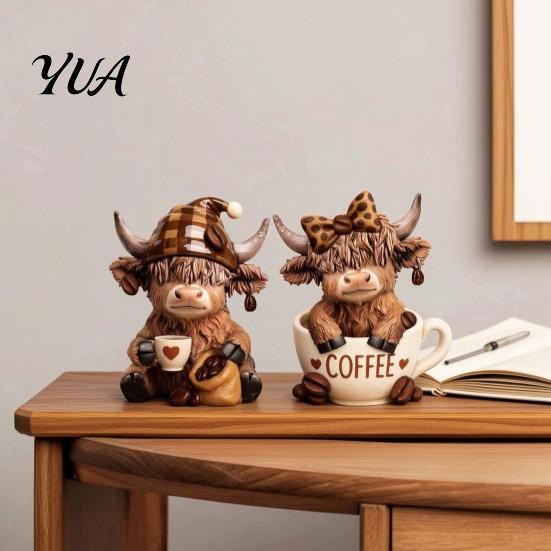 Stable Resin Figurine Ornament 2Pcs Coffee Cow Figurine, Cute Animal Statue for Home Desk Corner Shelf Accessory Decor, Cafe Style Tabletop