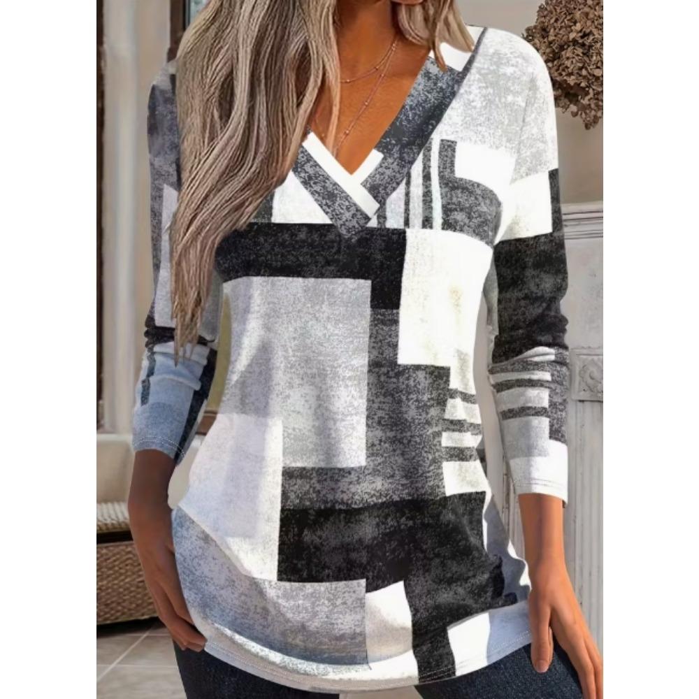 Ladies' Elegant Casual Long Sleeve T-shirt - V-neck Contrast Stripe 3D Pattern Print