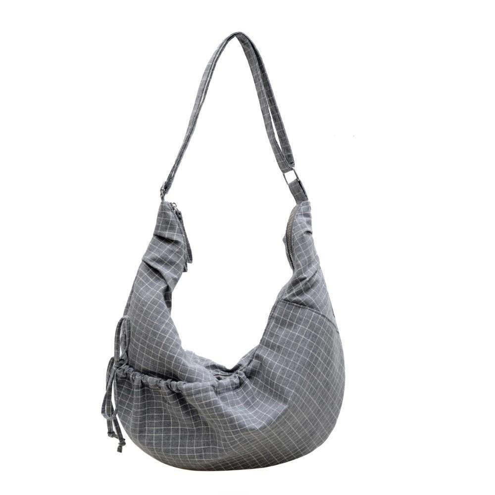 Vintage Trendy Cow Horn Bag Pleated Plaid Lightweight Canvas Bag Zipper Closure Large Capacity Crossbody Bag Leisure