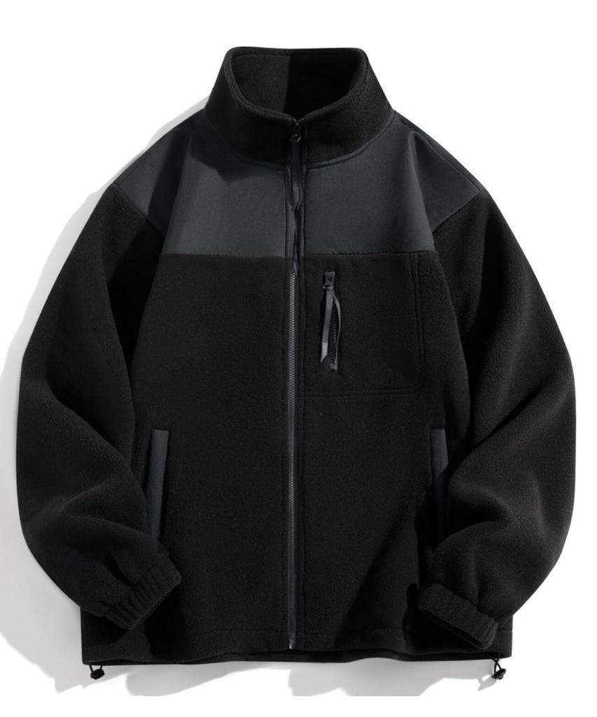 Флисовый блузон, длинный, холодный, с большой милитари-молнией, стильный, корейский, черный [unifiss], куртка, двухцветная, верхняя одежда, на молнии, теплая, с рукавами, прохладная, осень/зима,