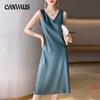 Spring Summer Women's Dress Sleeveless Silk V-neck Solid Colour Inner Tops Long Halter Dress