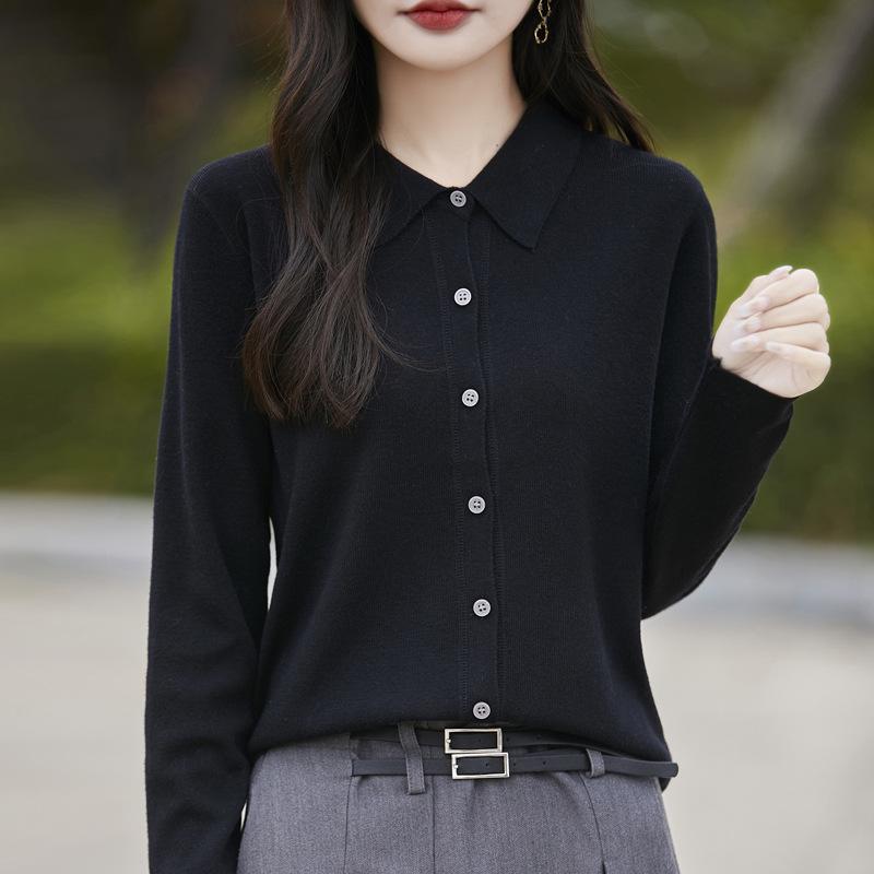 Тонкий кардиган из мериносовой шерсти с воротником поло - Коллекция Весна 2025, Однотонный, Свободный крой, Универсальная верхняя одежда.
