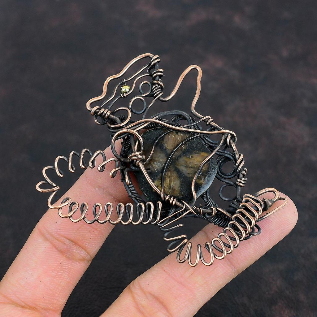 Подвеска из киастолита, обмотанная медной проволокой, подвеска из натурального драгоценного камня, ювелирное украшение, подвеска в виде кролика, подвеска ручной работы, украшения, обмотанные проволокой, подарки для жены