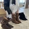 2025 новые модные ретро ковбойские сапоги западного стиля женские остроносые на толстом каблуке средней высоты универсальные и стройнящие модные короткие сапоги
