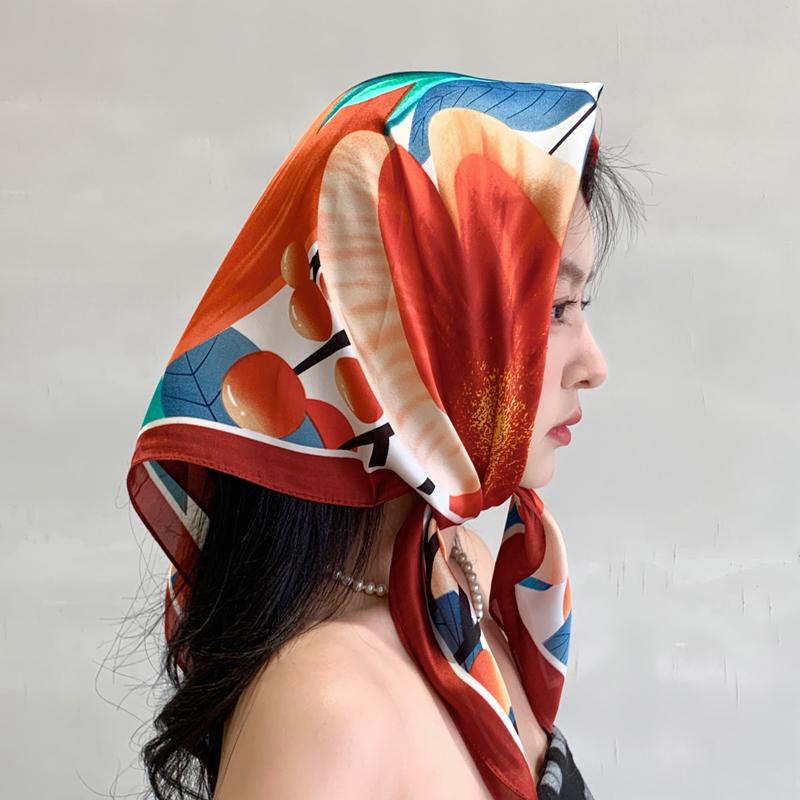 Green oil painting small square scarf silk scarf women's summer thin sunscreen spring and autumn headscarf head scarf tied bag headband belt