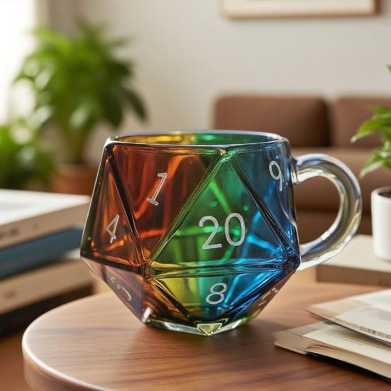 Rainbow Dice Mug Glass Tea Cup Multicolor Funny Coffee Cup Fantasy Themed Home Decor Gift for Dice Lovers