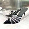 Pointed Toe Rhinestone Thin Strap Open Toe Sandals Summer 2024 New French Ladies Stiletto Heels Sexy Black High Heels Women