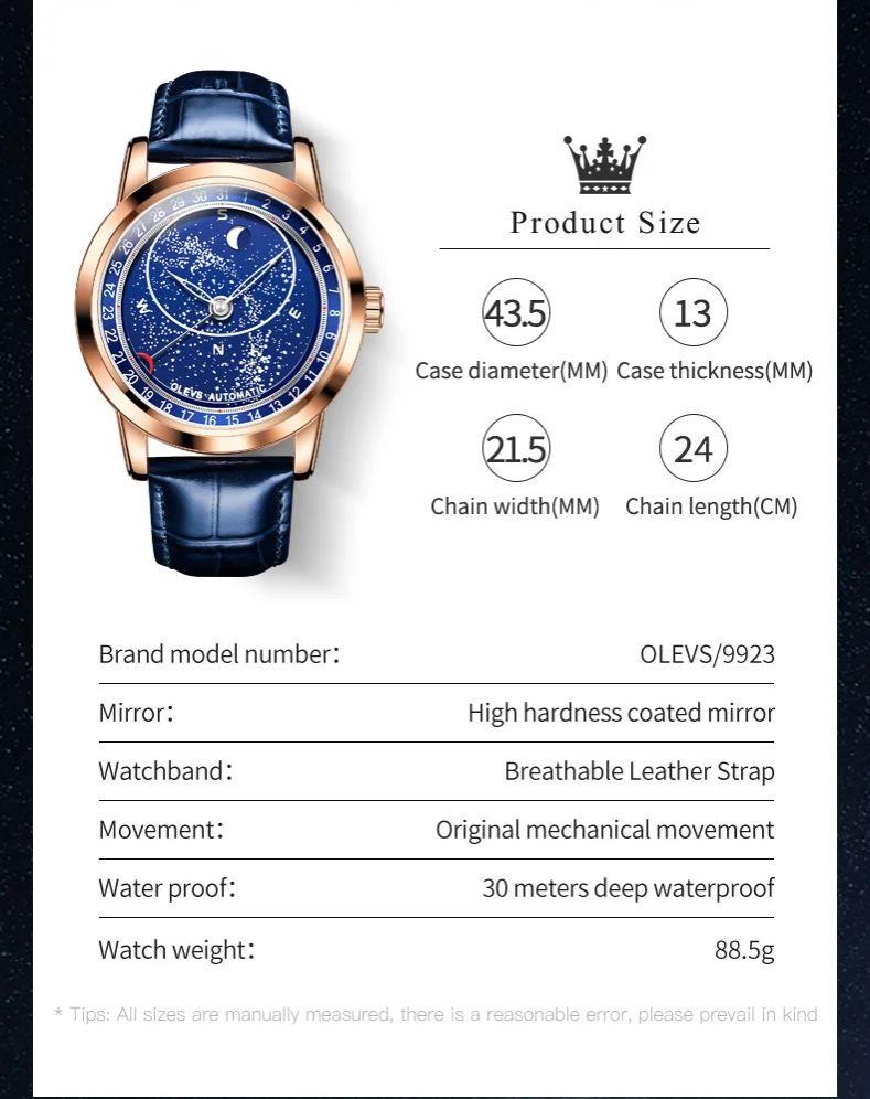 OLEVS 9923 Moon Phase Man Watch Starry Sky Rotation Seconds Hands Diamond Bezel Luminous Automatic Mechanical Watches for Men