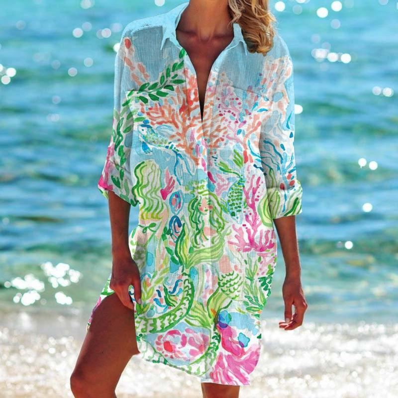 Summer Graffiti 3D Print Blouses Women Long Sleeve Beach Blusas Mid-length Shirts Buttons Shirt Blouse Girl Holiday Pocket Tops