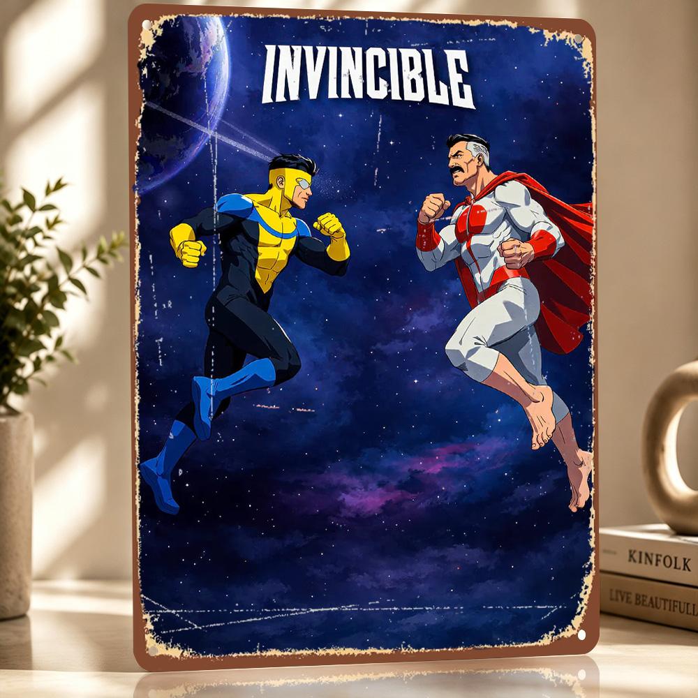 Invincible and OmniMan in Space Personalized D Textured Metal Poster Wall Art Vintage Tin Signs for Bedroom Stuff Decor Room
