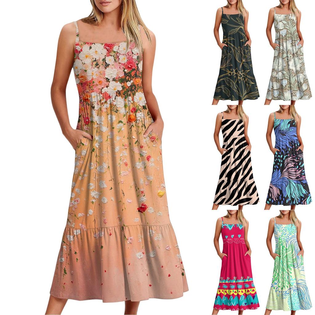 Women's Long Beach Casual Elegant Spaghetti Strap Maxi Dress Stitching Low-key Flowing Bohemian Dress