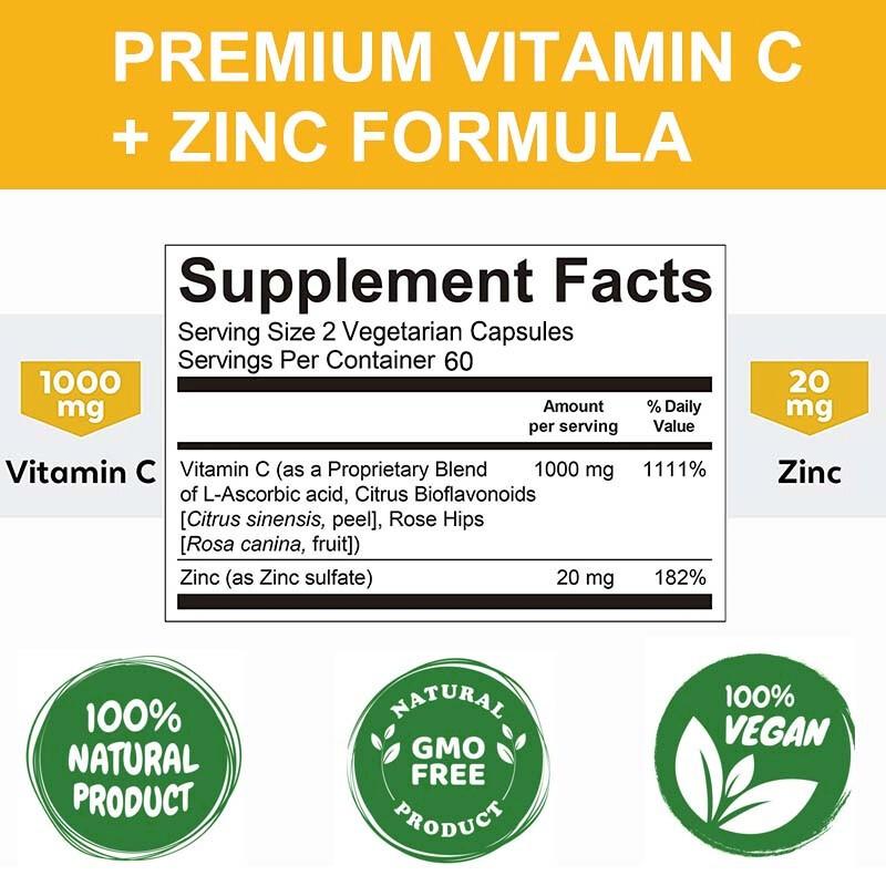Vitamin C 1000 mg Zinc 20 mg Dietary Supplement 120 Capsules Per Bottle