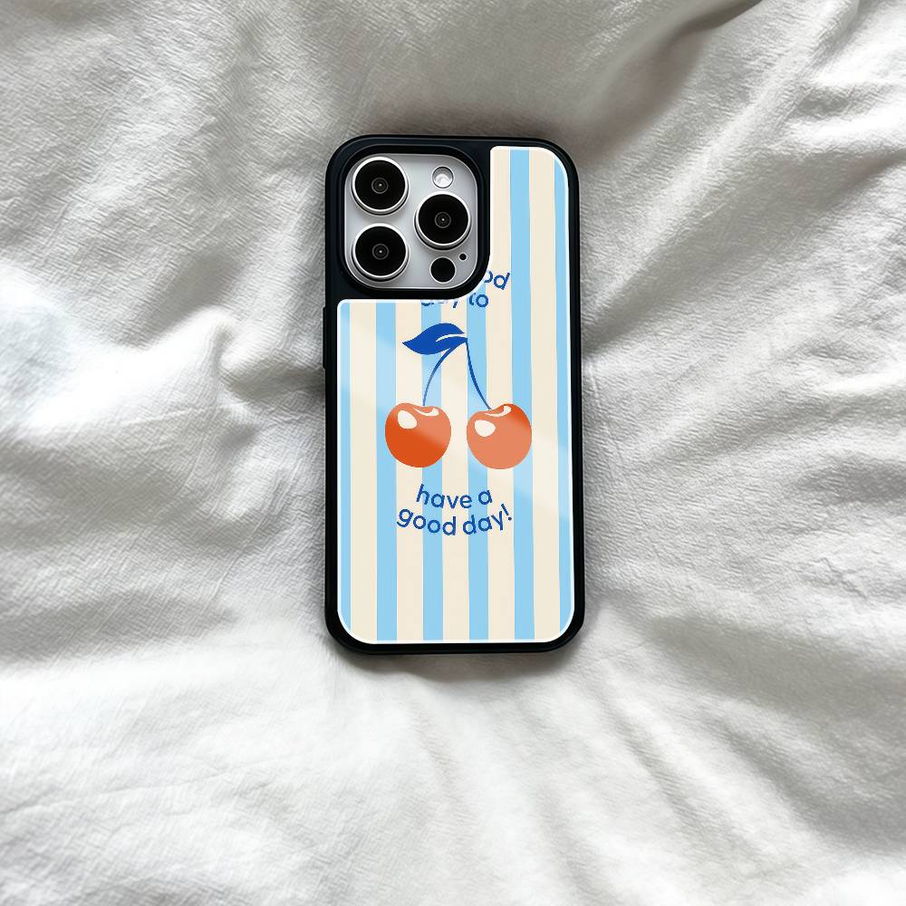 Retro Cherry Good Day Phone Case Black Hard Plastic Phone Case For Iphone 17 Air 16 15 14 13 12 11 Pro Max PC TPU Ins Case