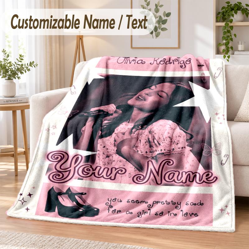 Olivia Rodrigo Custom Name Flannel Throw Blanket Soft Warm for Sofa Bed Indoor Home Use