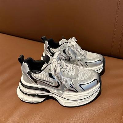 Серебряные туфли для папы на платформе, женские, начало осени 2024 года, новые, усиленные, дышащие, кроссовки в стиле ретро для улицы и улицы