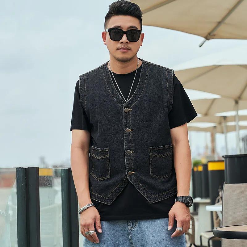 Мужской весенний свободный джинсовый жилет большого размера, однотонный топ без рукавов с прямым подолом