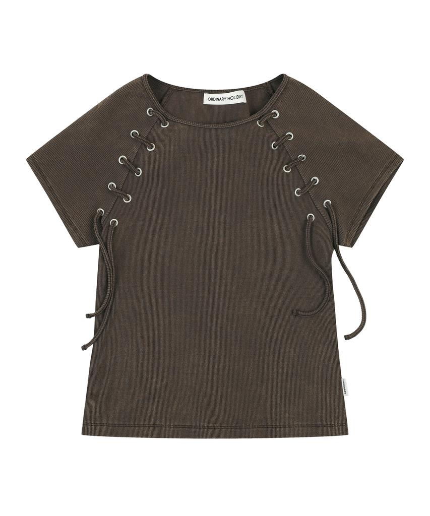 ORDINARY HOLIDAY Lace Up Sleeves T-Shirt [Brown]
