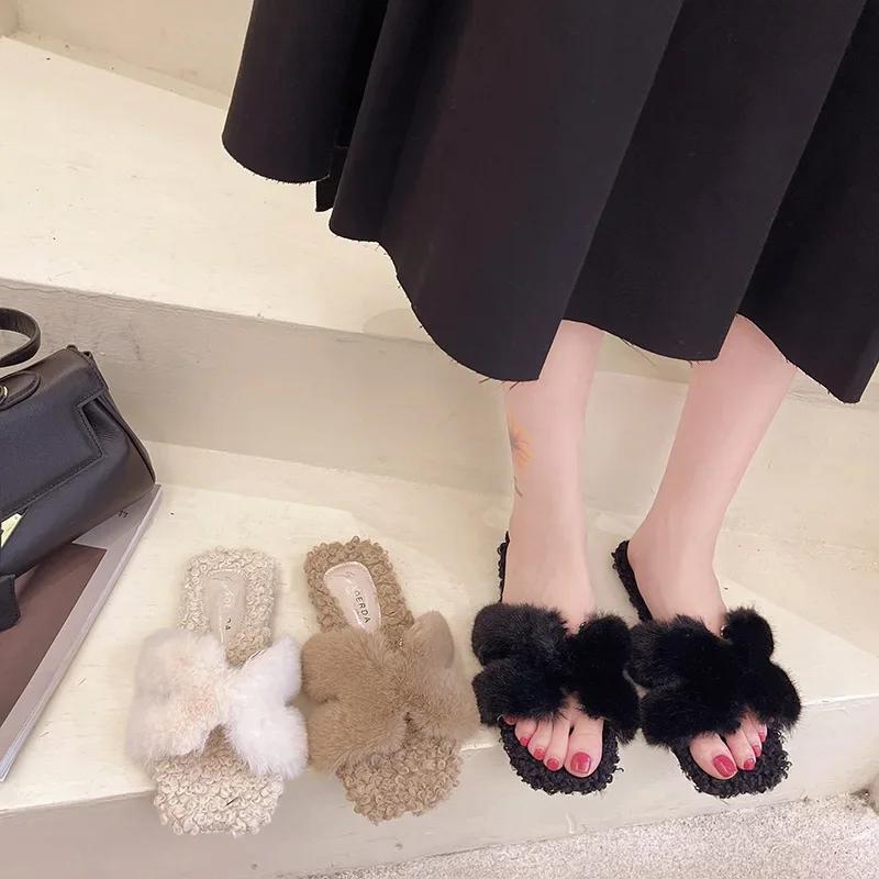 Fashion Fur Women Slippers Designer Autumn Winter Open Toe Wool Comfort Warm Shoes Fashion Flat Casual Outdoor Leisure Dress Slippers