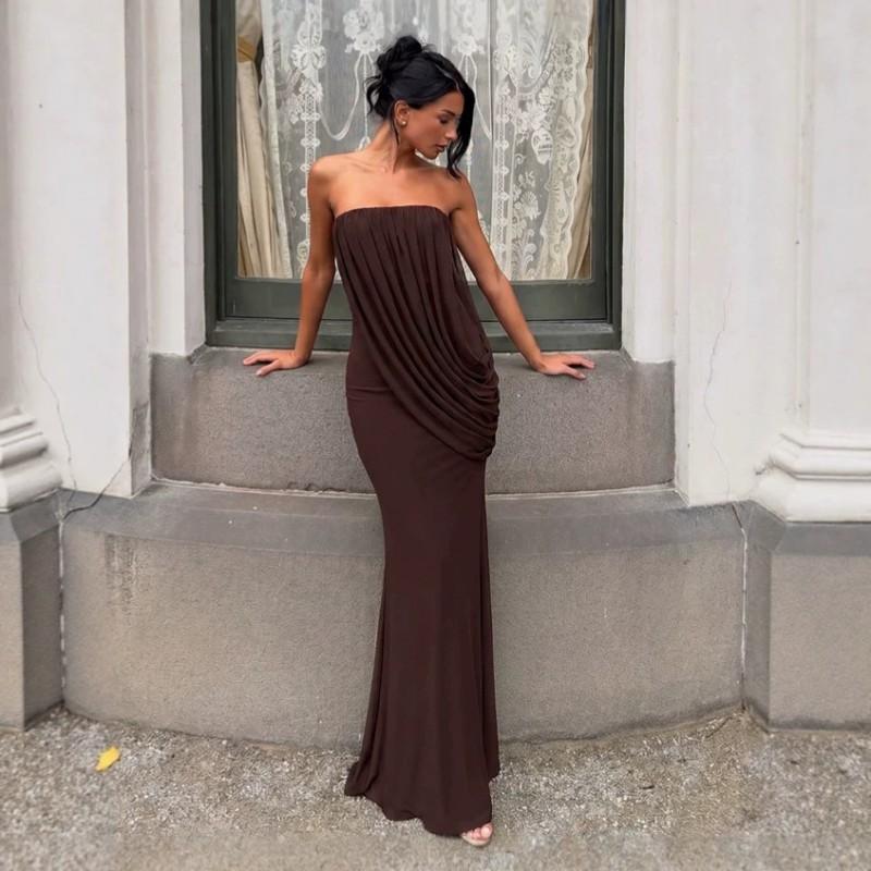 Womens 2026 Fashion Dress Asymmetrical Strapless Mesh Pleated Gown Sexy Slim Fit Party Cocktail