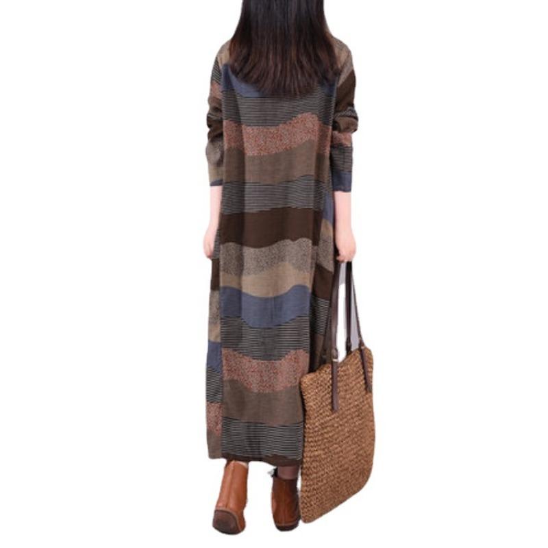 Повседневное свободное платье из хлопка и льна с круглым вырезом и длинными рукавами