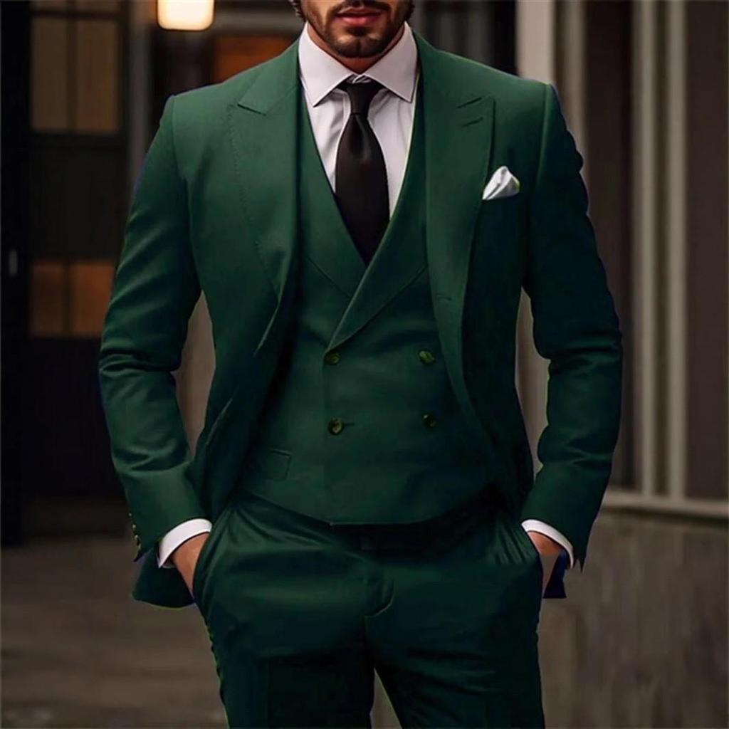 Green Men's 3 Pieces One Set Wedding Dress Suits Slim Fit Tuxedos Party Formal Male Suit For Groomsman Suit (Blazer+Vest+Pants)