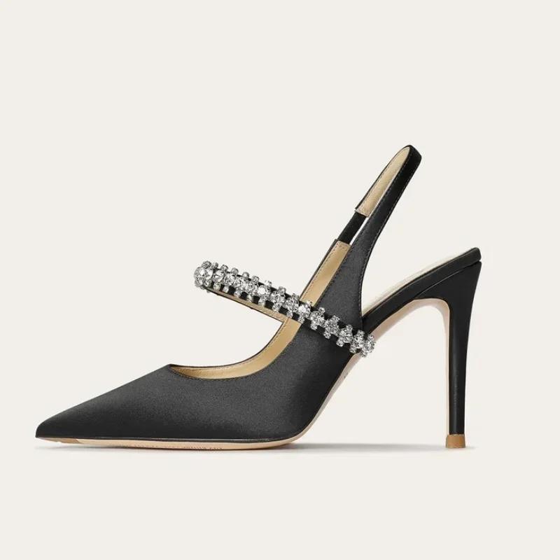 Fashion Women's Diamond Bao Head Sandals 2025 New Thin Heel Pointed Sheepskin Leather High Heels Women's Wedding Shoes Size 34-45