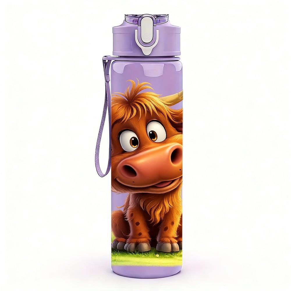 1PC Highland Cow Grass Cartoon Print 750ml Color Plastic Sports Water Bottle Leakproof Flip Straw Lid Suitable for Sports Office Home Use