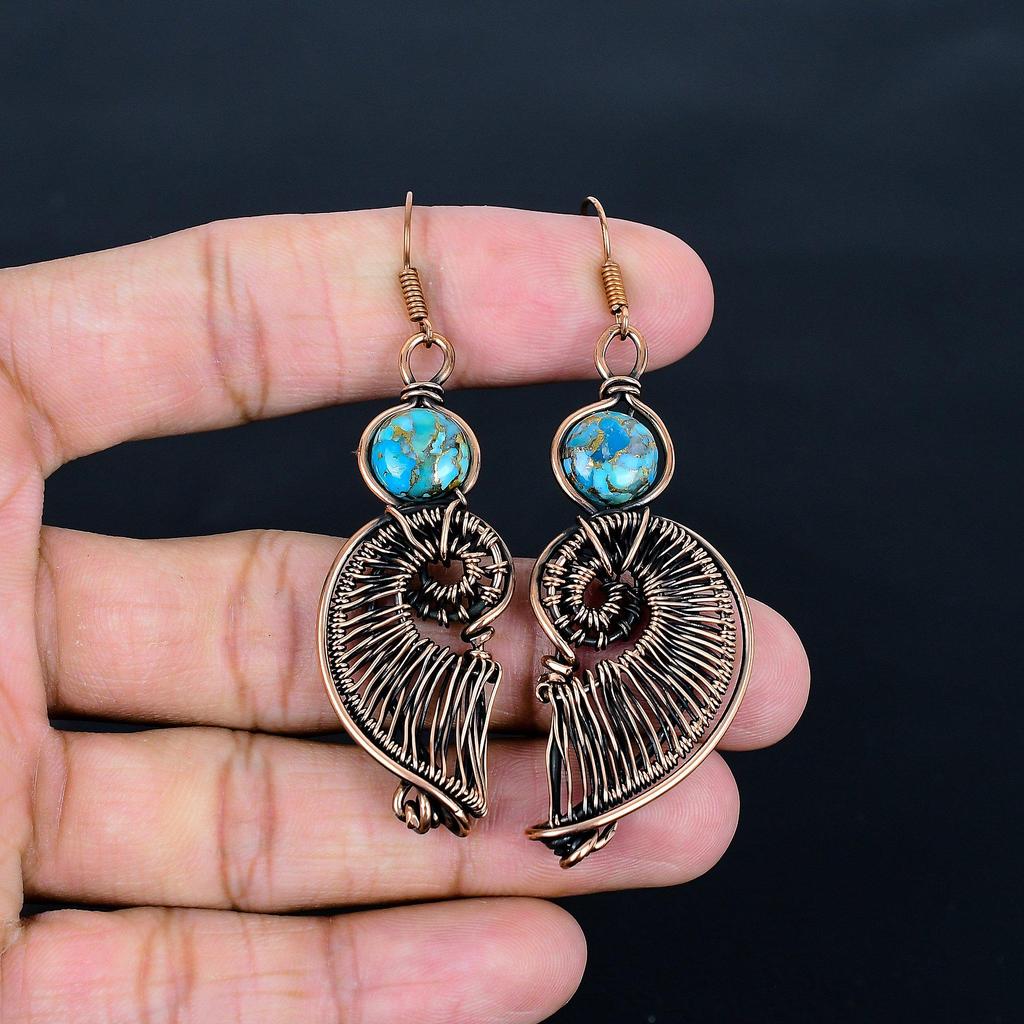 Blue Copper Turquoise Handmade Gemstone Earrings, 999 Copper Wire Wrapped Earrings Antique Jewelry, For Engagement Gift