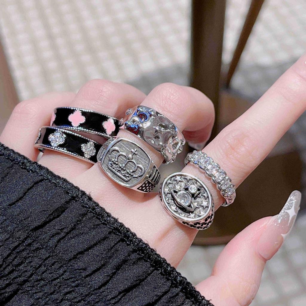 Vintage Retro Four-Leaf Clover Personalized Crown Open Ring Fashion Niche High-End Jewelry Women