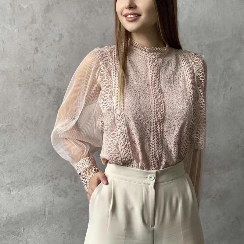 Новый элегантный однотонный сетчатый топ с длинными рукавами и буфами из кружева для женщин
