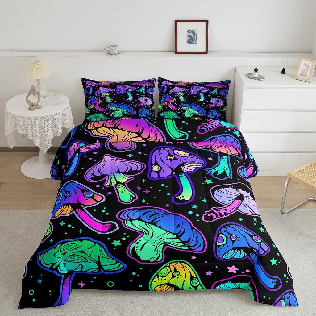 Red Mushroom Kawaii Comforter Set Twin Size Kids Bedding Set Botanical Plant Theme Print Quilt Bed Set for Boys Girls Adults