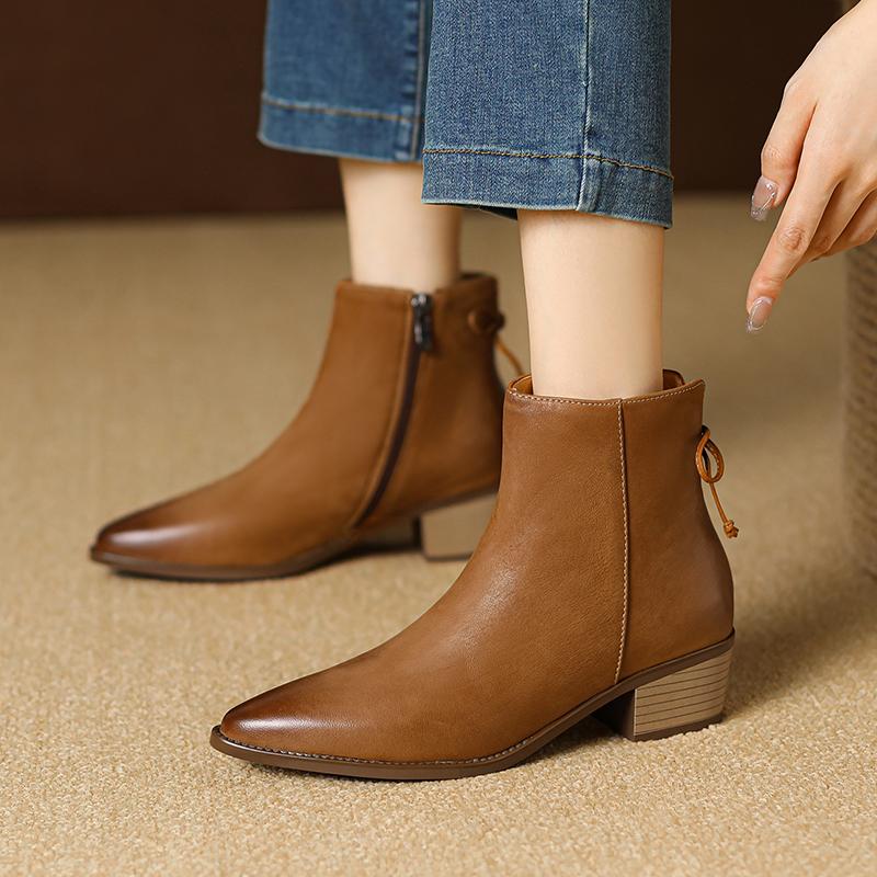 2024 Autumn New Retro Women Boots Genuine Leather Ankle Boots Modern Boots Pointed Toe Leather Shoes Western Boots Chelsea Boots