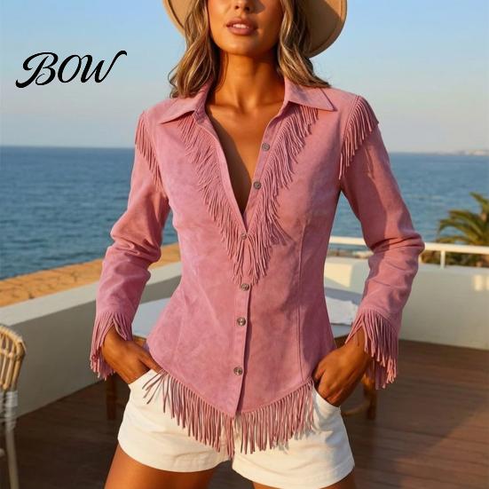 Slim Fit Fringe Blouse Women Tassel Shirt for Autumn, Button Down Regular Blouses Blouse, Solid Color Casual Long Sleeve Top, Western Cowgirl